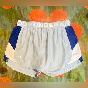 Under Armour Womens Loose Athletic Shorts Sz 1X Blue White Polyester Logo Stretc